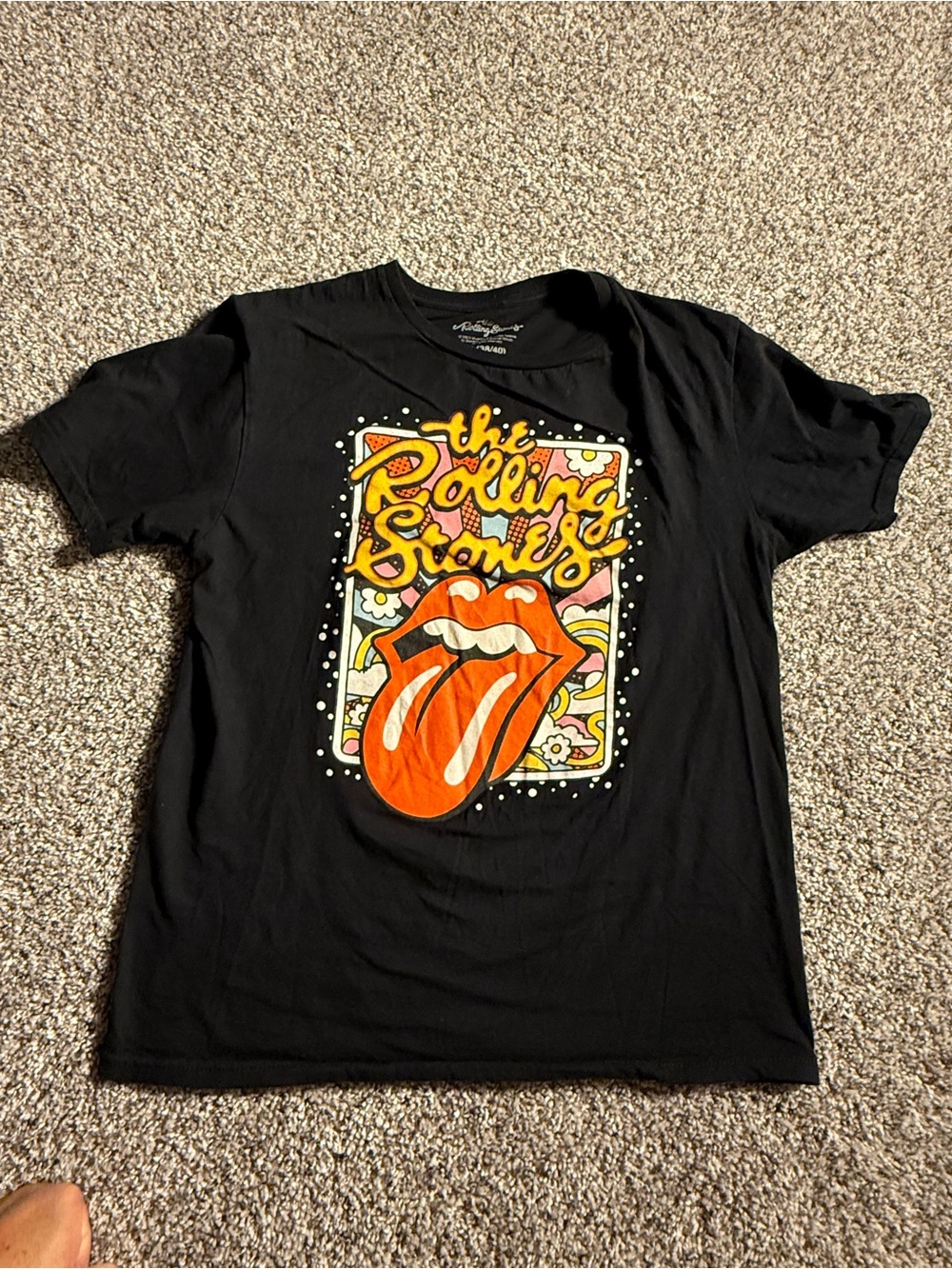 the Rolling Stones Black T-Shirt with Orange Tongue Graphic